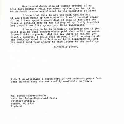 Letter: Straus, Robert Kenneth, Santa Barbara, CA, to Simon Schwartzfuchs, care Routledge, Kegan and Paul, London, England. 25 August 1983.