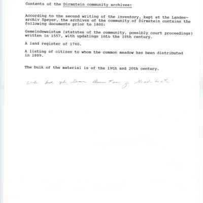 Report: Contents of Dirmstein Community Archives.