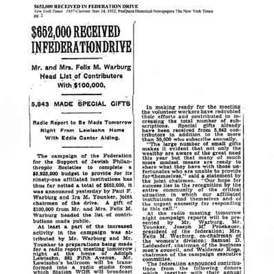 Article: "$625,000 Received In Federation Drive," The New York Times. 14 November 1932.