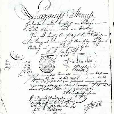 Business Paper: Begins with Auszug. (Statement or Extract) 1828. Lazarus Strauss is named. Four handwritten pages. In Old German. Not translated. Five handwritten pages.