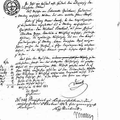 Business Paper: Mentions Johanette GRUENEBAUM and Isaac Straus 27 December 1844. In Old German. Not translated. Three handwritten pages.