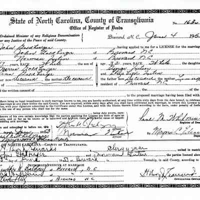 Marriage Certificate: Certificate # 1630, State of North Carolina, County of Transylvania, Office of Register of Deeds, John Goldberger and Norman Tutin. 13 June 1953 in Brevard, NC. Witnessed by Gunther H. Baldauf.