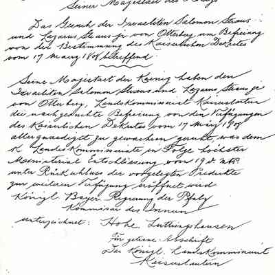 Business Paper: Im Namen Seiner Majestaet des Koenigs Das Gesuch der Israeliten Salomon Straus und Lazarus Straus jr. von Otterberg...No. 469. 26 June 1850. In Old German. Not translated. One handwritten page.