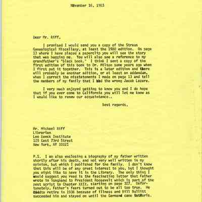 Letter: Straus, Robert Kenneth, Santa Barbara, CA, to Michael Riff, Librarian, Leo Baeck Institute, New York, NY. 16 November 1983.