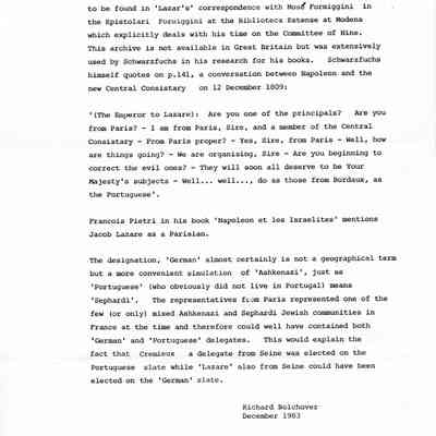 Research Materials: Bolchover, Richard, "Subject: Napoleon and the Jews." November 1983.