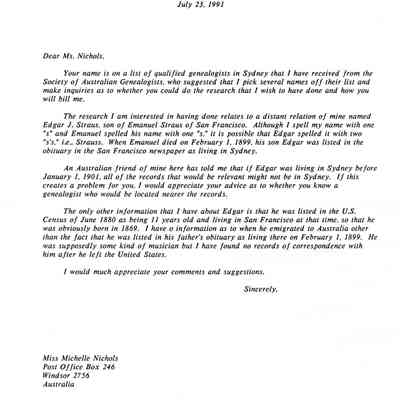 Letter: Straus, Robert K., to Miss Michelle Nichols, Post Office Box 246, Windsor 2756, Australia. 23 July 1991. One typewritten page.