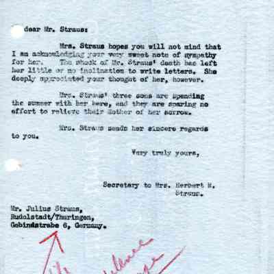 Letter: Secretary to Mrs. Herbert N. Straus, to Julius Straus, Rudolstadt/Thuringen, Gebindstrabe 6, Germany. 13 July 1933.