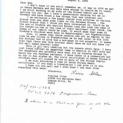 Letter from Clarise Illes to Bob Straus (Aug. 1996)