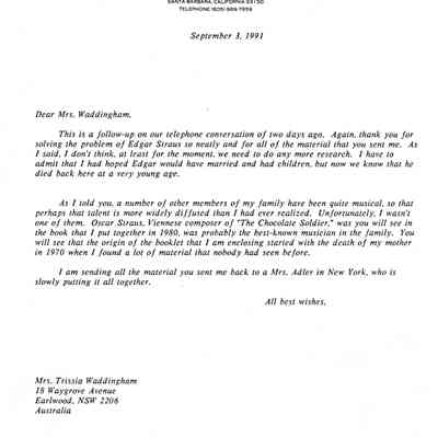 Letter: Straus, Robert K., 1485 East Valley Road, suite b, P. O. Box 5160, Santa Barbara, California 93150 to Mrs. Trissia Waddington, 18 Waygrove Avenue, Earlwood NSW 2206, Australia. 3 September 1991.