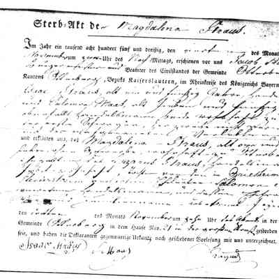Death Record for Magdelena Straus 1835