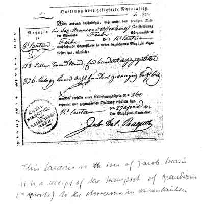 Receipt: Lazarus Straus, son of Jakob Straus, for the transportation of spirits (brandwein) to the storeroom in Kaislerslautern.
