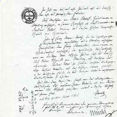 Business Paper: Im Namen Seiner Majestaet des Koenigs. No. 347. 1836. Addendum names Issak Strauss. In Old German. Not translated. Six handwritten pages.