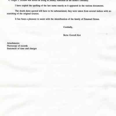 Letter: Kot, Bette Gorrell, 228 Sandy Neck Way, Vallejo, California 94591 to Dear Mr. Straus. 7 July 1991. Two typewritten pages with enclosures.