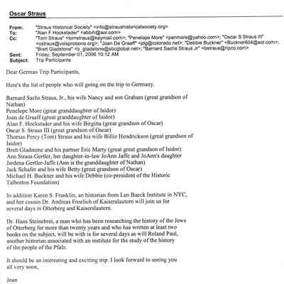 Email: Straus Historical Society to German Trip Participants. List of people who will be going on the trip to Germany.