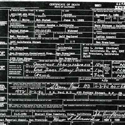 Death Certificate 6643: William AKA Will F. Jacobs, 1075 California Street. 2 November 1980.