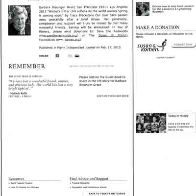 Obituary: "Barbara Bissinger Grant," Marin Independent Journal. 17 February 2013.