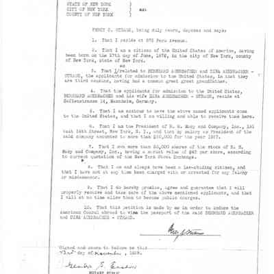 Affidavit: Percy S. Straus affidavit for Bernhard and Dina Auerbacher.