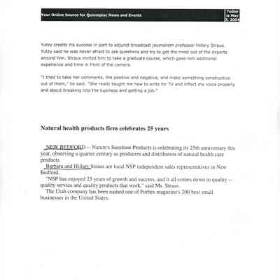 Internet Article: "Natural health products firm celebrates 25 years," Your Online Source for Quinnipiac News and Events. 3 May, 2004. One page.
