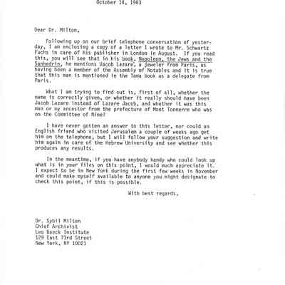 Letter: Straus, Robert Kenneth, Santa Barbara, CA, to Dr. Sybil Milton, Chief Archivist, Leo Baeck Institute, New York, NY. 14 October 1983.