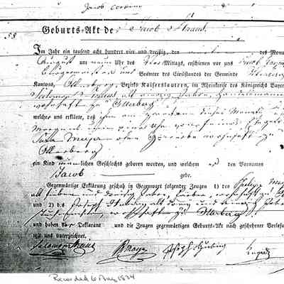 Birth Record # 58: Jacob Straus, so of Salomon Straus and his third wife, Sara Meyer. Recorded 6 August 1834 in Otterberg. Printed form with handwritten entries. In Old German.