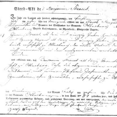 Death Record: Benjamin Straus, son of Isaac Straus Johanette nee GRÜNEBAUM of Otterberg. 5 July 1828.