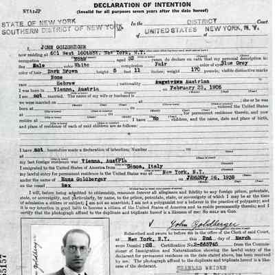 Declaration of Intent: Certificate # 410904, John Goldberger, 601 West 160th St., New York, NY. State of New York, Southern District Court. Dated 2 March 1938.