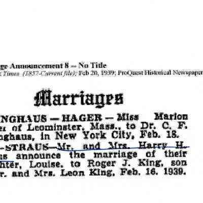 Article: "Marriages: King-Straus," The New York Times. 20 February 1939.