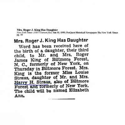 Article: "Mrs. Roger J. King Has Daughter," The New York Times. 30 June 1950.