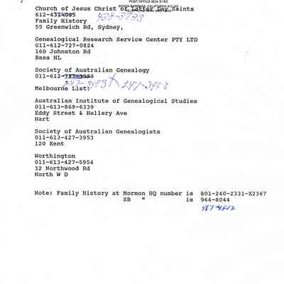 Letter: Robert K. Straus to the Genealogical Research Service Center, Sydney Australia. Undated.