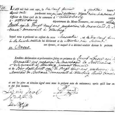 Birth Certificate for Moses Straus. (1807)
