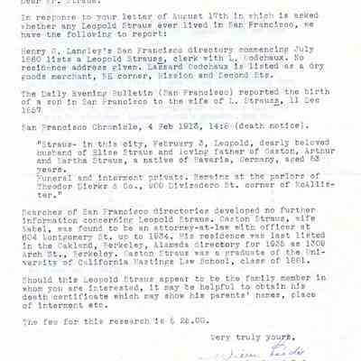 Letter: Leeds, Wilber, San Francisco, CA, to Robert Kenneth Straus, Santa Barbara, CA. 27 August 1982.