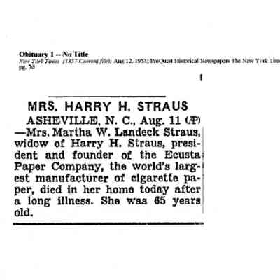 Obituary: "Mrs. Harry H. Straus," The New York Times. 12 August 1951.
