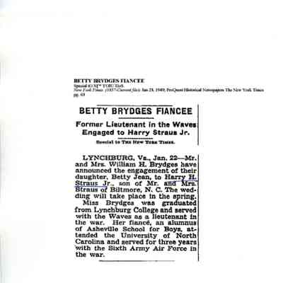 Article: "Betty Brydges Fiancee," The New York Times. 23 January 1949. One page.