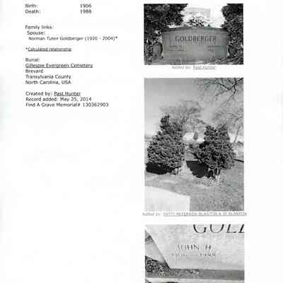 Burial: John H. Goldberger. Find-A-Grave. Image of tombstone, John H. 1906-1988 and Norman T. 1920. Burial at Gillespie Evergreen Cemetery, Brevard, NC.