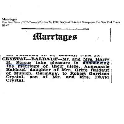 Article: "Marriages: Crystal - Baldauf," The New York Times. 26 January 1938.
