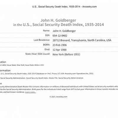 Social Security Death Index: John H. Goldberger