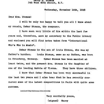 Letter: Harry H. Straus, regarding Oskar Straus-the composer.
