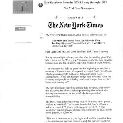 Article: "Wal-Mart and Yahoo Push Up Shares in Thin Trading," The New York Times. 27 December 2001.