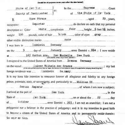 Declaration of Intent: Hans Straus, New York Supreme Court, Westchester County, Number 7193, page 204. 17 June 1913.