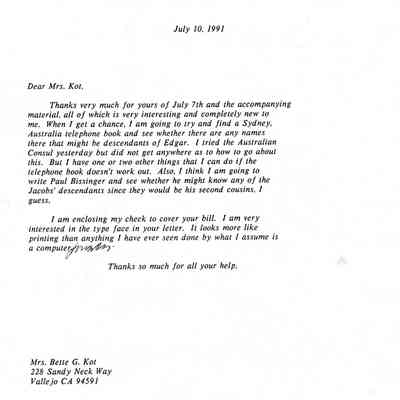 Letter: Straus, Robert K. to Mrs. Kot, (Mrs. Bette Gorrell Kot) 228 Sandy Neck Way, Vallejo, California 94591.10 July 1991.
