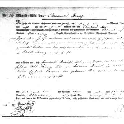 Death Record: Emanuel Straus, son of Seligman (Salomon) Straus and Elisabetha (Barbara Weil). 18 May 1829.