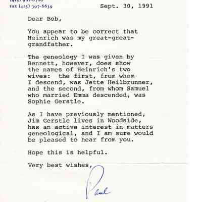 Letter: Bissinger, Jr., Paul A, 601 California Street, Suite 700, San Francisco, CA 94108-2812 to Dear Bob. 30 September 1991.
