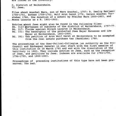 Record: Hohenlohe-Zentralarchiv Neuenstein, Abt. Schlossarchiv Weikersheim, Bestand, Regierung ?hringen. One typewritten page. In English.