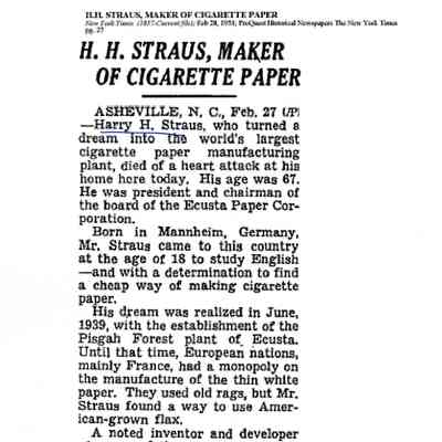 Article: "H. H. Straus, Maker of Cigarette Papers," The New York Times. 28 February 1951.
