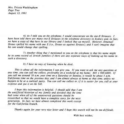 Letter: Straus, Robert K., 1485 East Valley Road, Suite B, P. O. Box 5160, Santa Barbara, California 93150 to Mrs. Trissia Waddington, 18 Waygrove Avenue, Earlwood NSW 2206, Australia. 13 August 1991.
