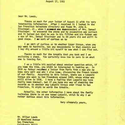 Letter from Robert Kenneth Straus to Wilbur Leeds. (Aug. 1982)