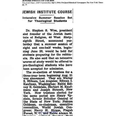 Article: "Jewish Institute Course: Intensive Summer Session Set for Theological Students," The New York Times. 5 June 1944.