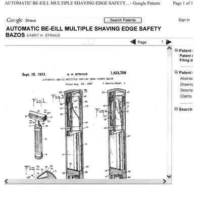 Patent: Automatic Refill Multiple Shaving Edge Shaving Razor. Patent filed 24 August 1927 and awarded 15 September 1931. Cigarette Paper Booklet.