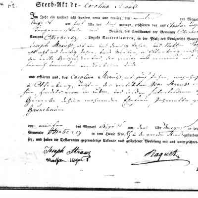 Death Record: Carolina Straus, daughter of Isaac Straus and Johanette nee Grünebaum of Otterberg. 9 August 1839.