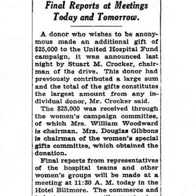 Article: "$25,000 Gift Added to Hospitals Fund," The New York Times.